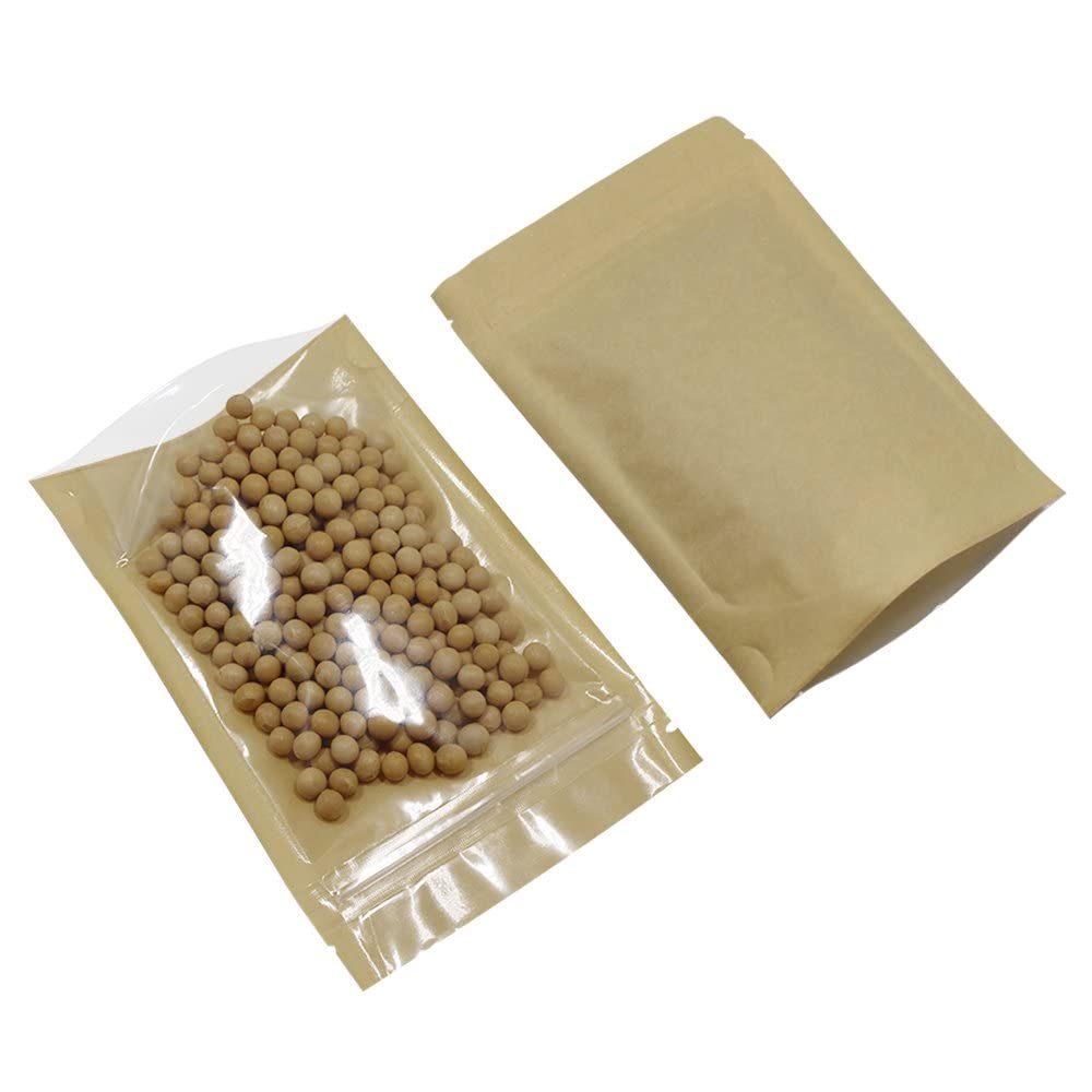 Ferenli 50 Pcs Clear Fornt Brown Kraft Paper For Zip Plastic Package Lock Bag Doypack Stand Up Pouch Zipper Lock Reclosable Pouc