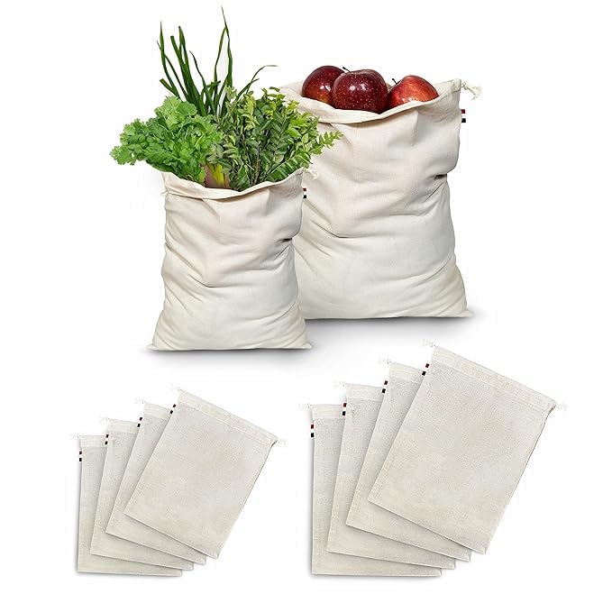 Popshy Reusable Cotton Grocery Bags (Pack Of 10) | Medium & Large Drawstring Storage Bags | EcoFriendly Vegetable Fruit Bags Fo