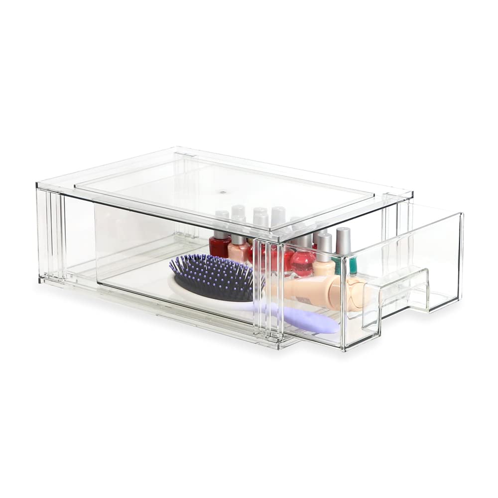 Isaac Jacobs Stackable Organizer Drawer Set (1 Medium, 1 Large), Clear Plastic Storage Boxes, Pull-Out Bins, Home, Office, Close