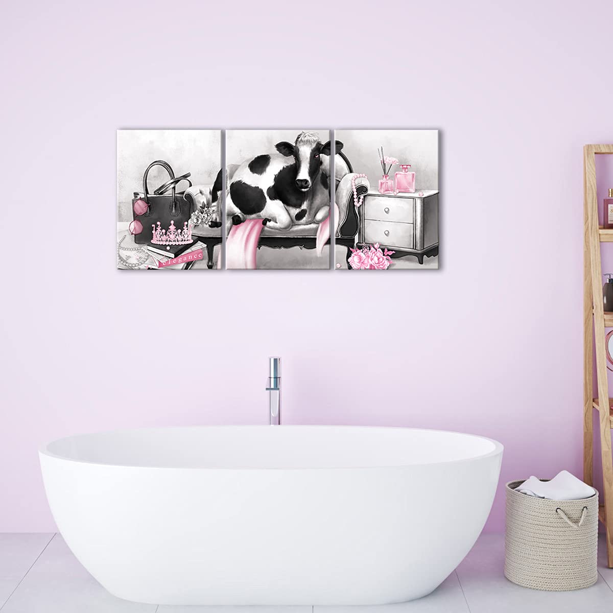 Kalormore Pink Glam Fashion Canvas Poster Elegant Cow With Pearl Crown Perfume Picture Prints Artwork Gift For Girl Woman Bedroo