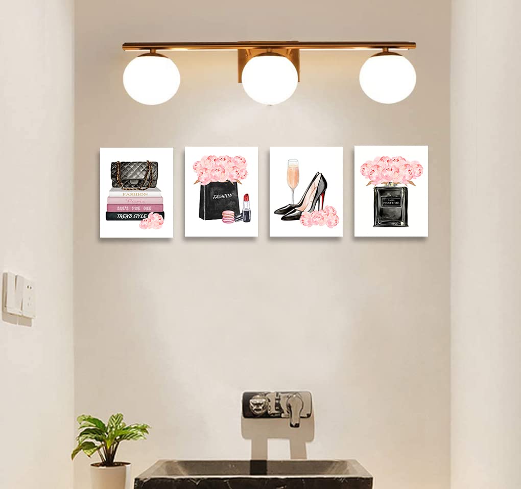 Pink Makeup Room Wall Art Fashion Perfume Flowers Handbag Poster Pictures Canvas Prints Framed For Women Bedroom Rose Gold Room