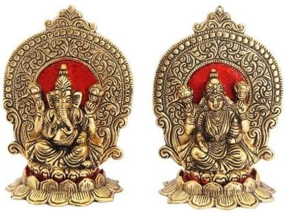 Navyaksh Lakshmi Ganesh Idol In Metal With Beautiful Carving Around It Seated On Lotus For Diwali Pooja And Gift Purpose Decorat