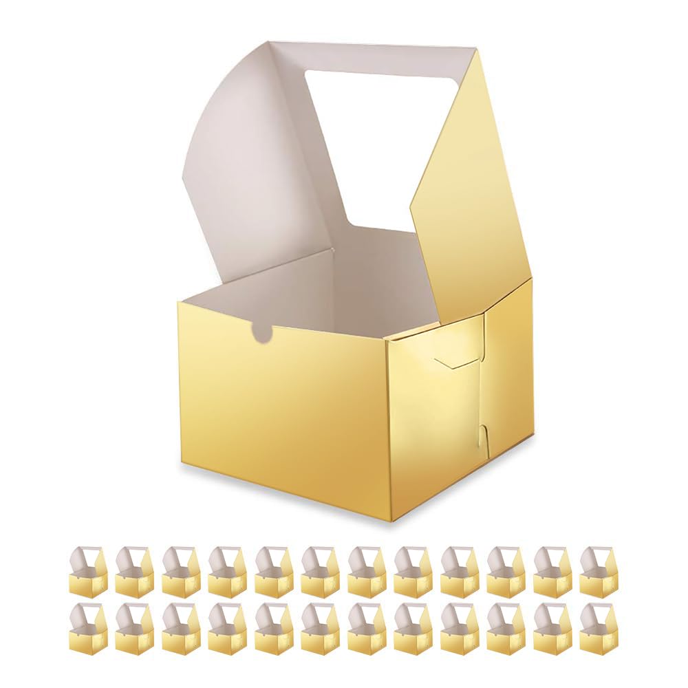 BAKIPACK 25 Gold Bakery Boxes with Window, 6x6x4 Inches Cake Boxes with Window, Treat Boxes for Small Bakery, Dessert, Candy, Co