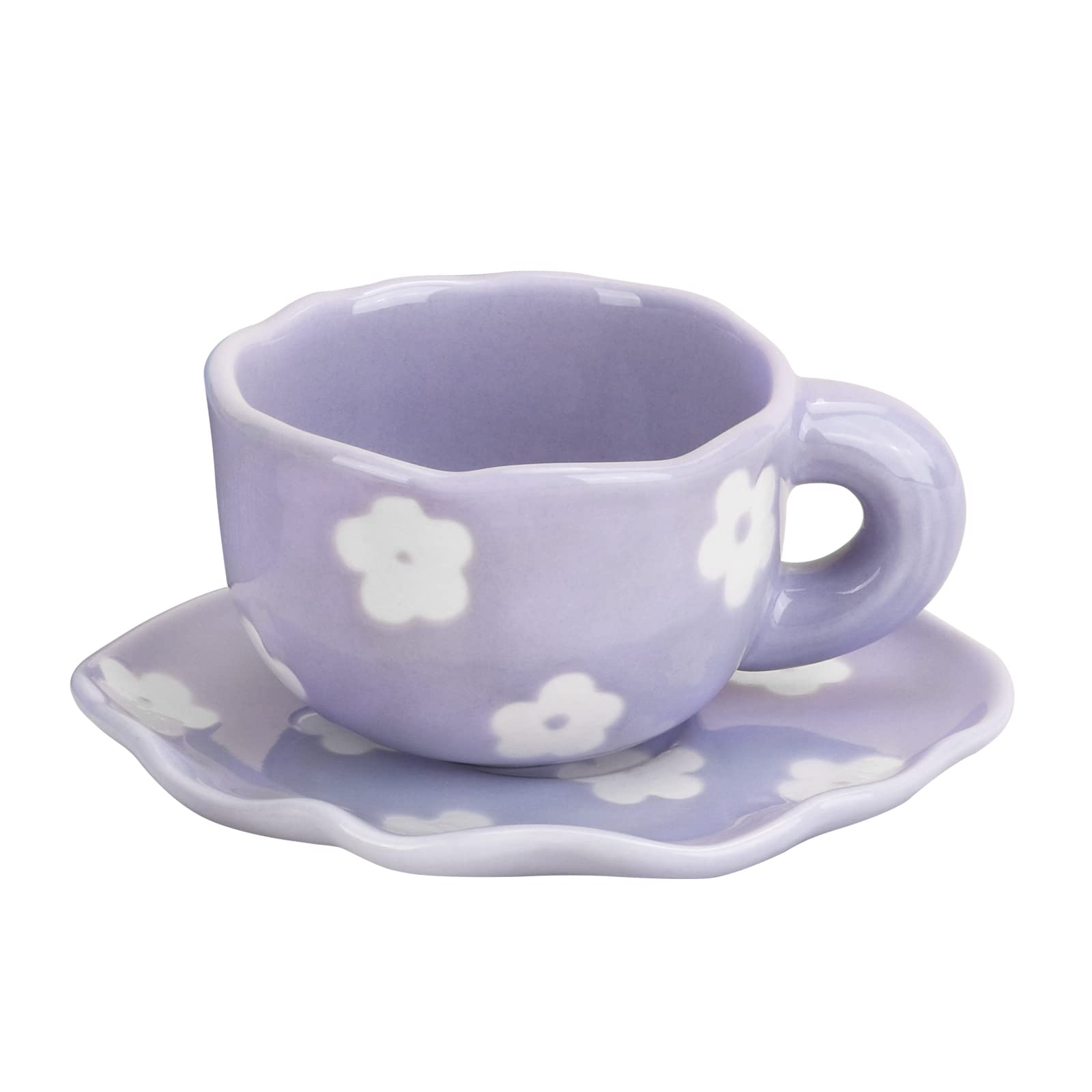Koythin Ceramic Coffee Mug With Saucer Set, Cute Creative Cup Unique Irregular Saucer Design For Office And Home, 6 Oz/180 Ml Fo