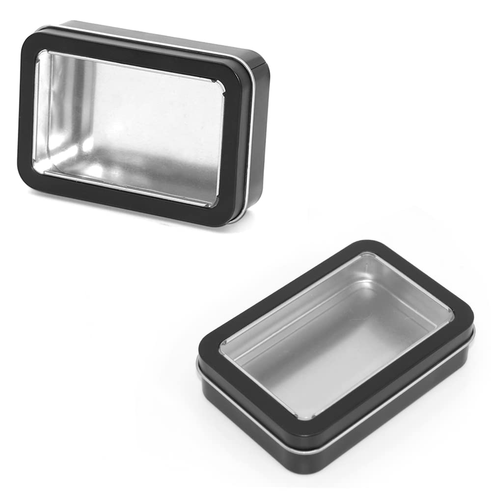 Gere 4 Pack Metal Rectangular Tin Boxes Containers With Detachable Clear Lid, Black,Portable Box Small Storage Kit Home Organize