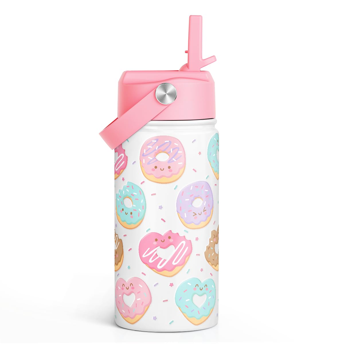 Donut Kids Water Bottle With Straw Lid 12oz Insulated Stainless Steel, Sprinkle Travel Tumbler, Gifts for Girls, Birthday, Chris