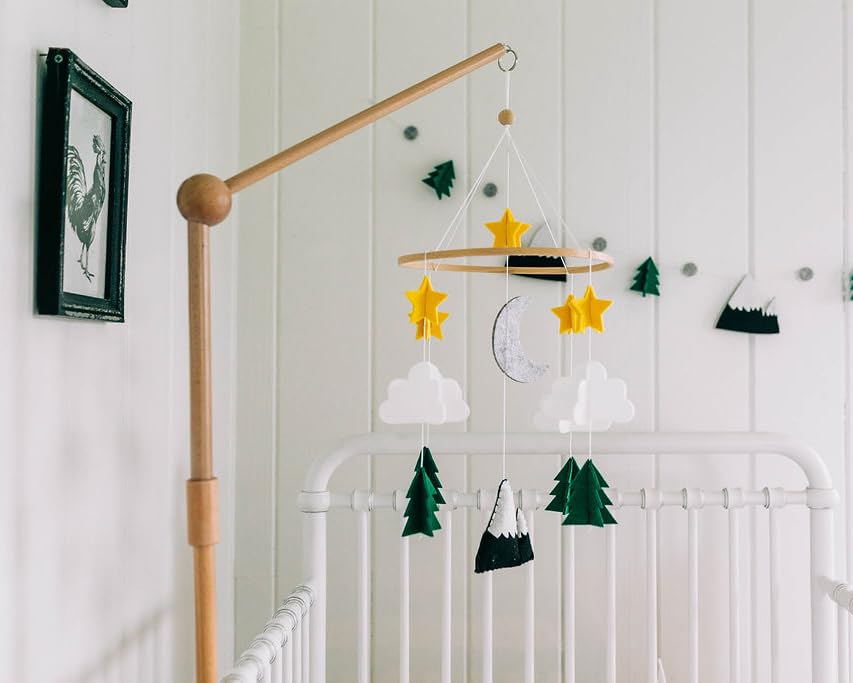 Baby Crib Mobile (Starry Woodland Night w/Garland, Evergreen) - Nursery Decoration Crib Mobile and Baby Shower Gift for Boys & G