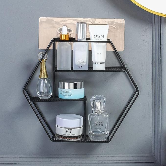 Fayleeko Hexagonal Wall Mounted Metal Floating Shelf, 3Tier, Black