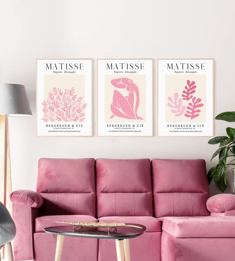 Hesendot Matisse Wall Art Decor Set Of 3,Abstract Matisse Wall Art Exhibition Posters,Unframed Sage Pink Wall Art,Truly Quality