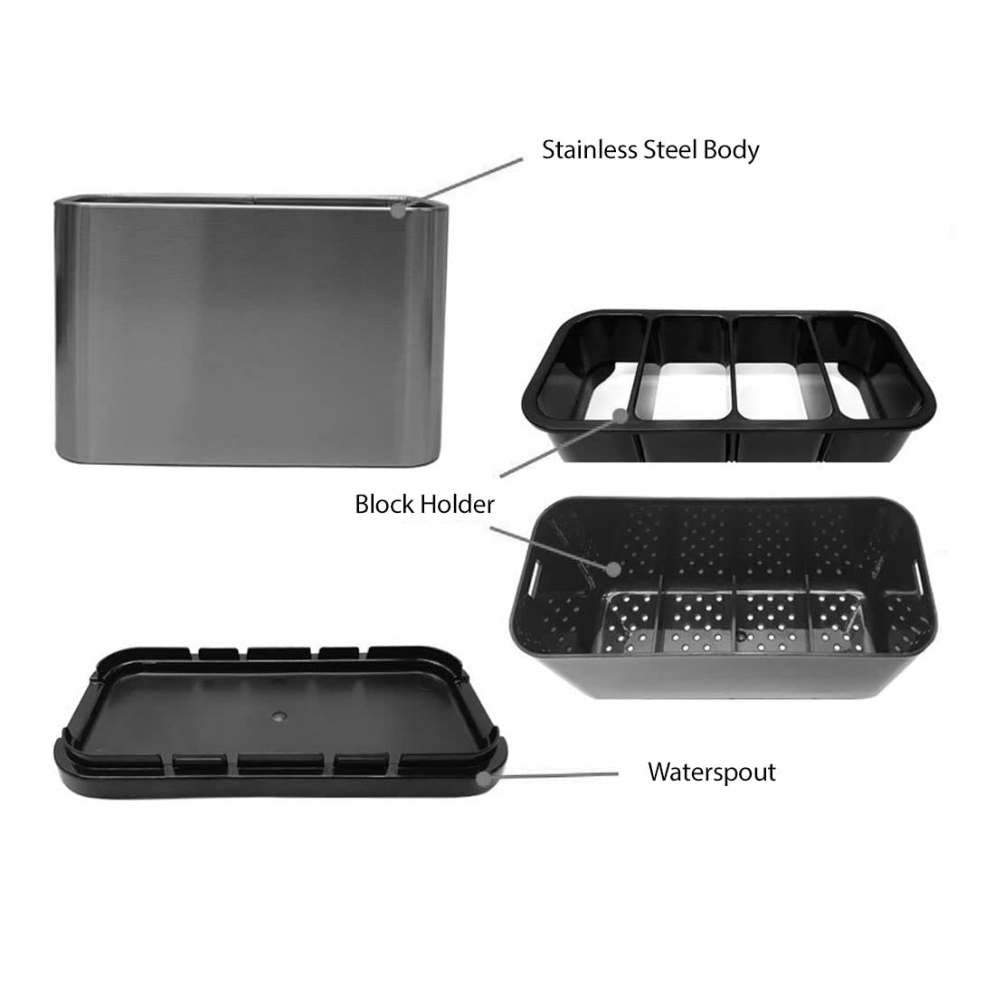 Garasani Stainless Steel Kitchen Utensil Holder For Countertop, 4 Divider Drip Tray Abs Anti Slip Kitchen Counter, Utensil Caddy