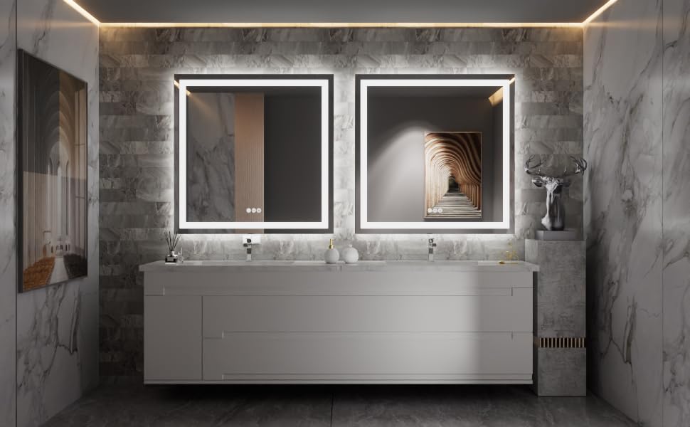 Amorho Led Bathroom Mirror 32''X 32'' With Front And Backlight, Stepless Dimmable Wall Mirrors With Anti-Fog, Shatter-Proof, Mem
