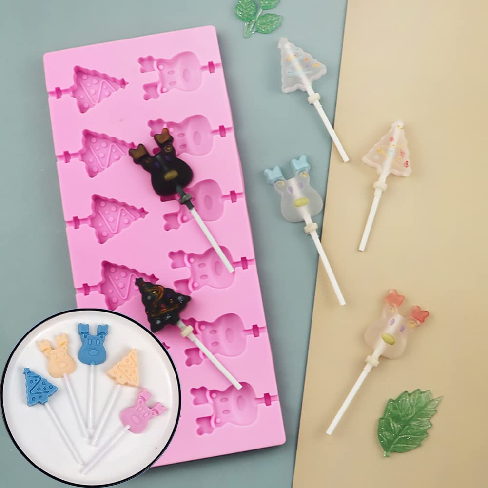 2 Pcs Christmas Lollipop Candy Chocolate Silicone Mold With 80 Paper Sticks, 24 Hole Christmas Tree Elk Shape Mold With 80Pcs Lo