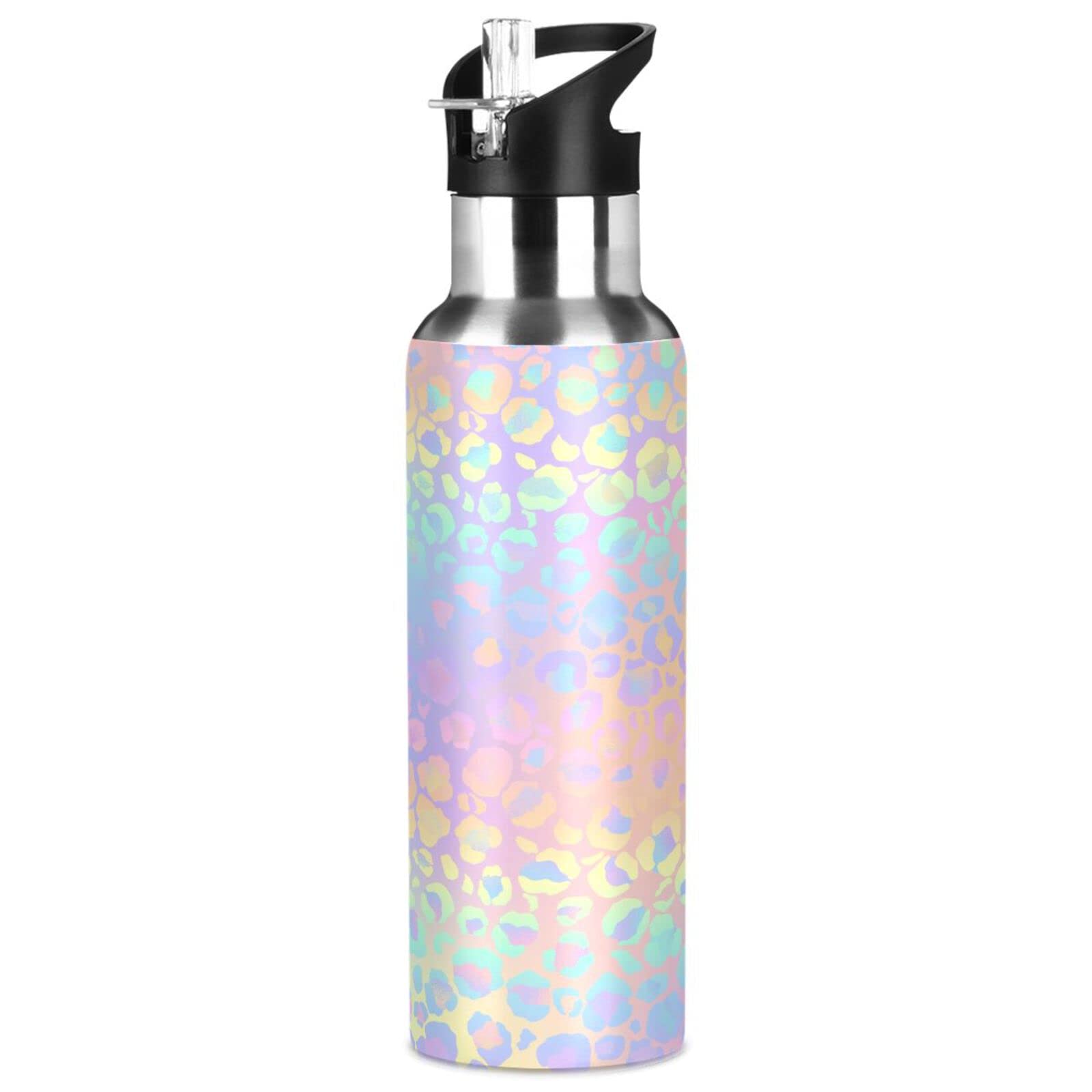 Alaza Leopard Print Cheetah Rainbow Gradient Water Bottle With Straw Lid Vacuum Insulated Stainless Steel Thermo Flask Water Bot