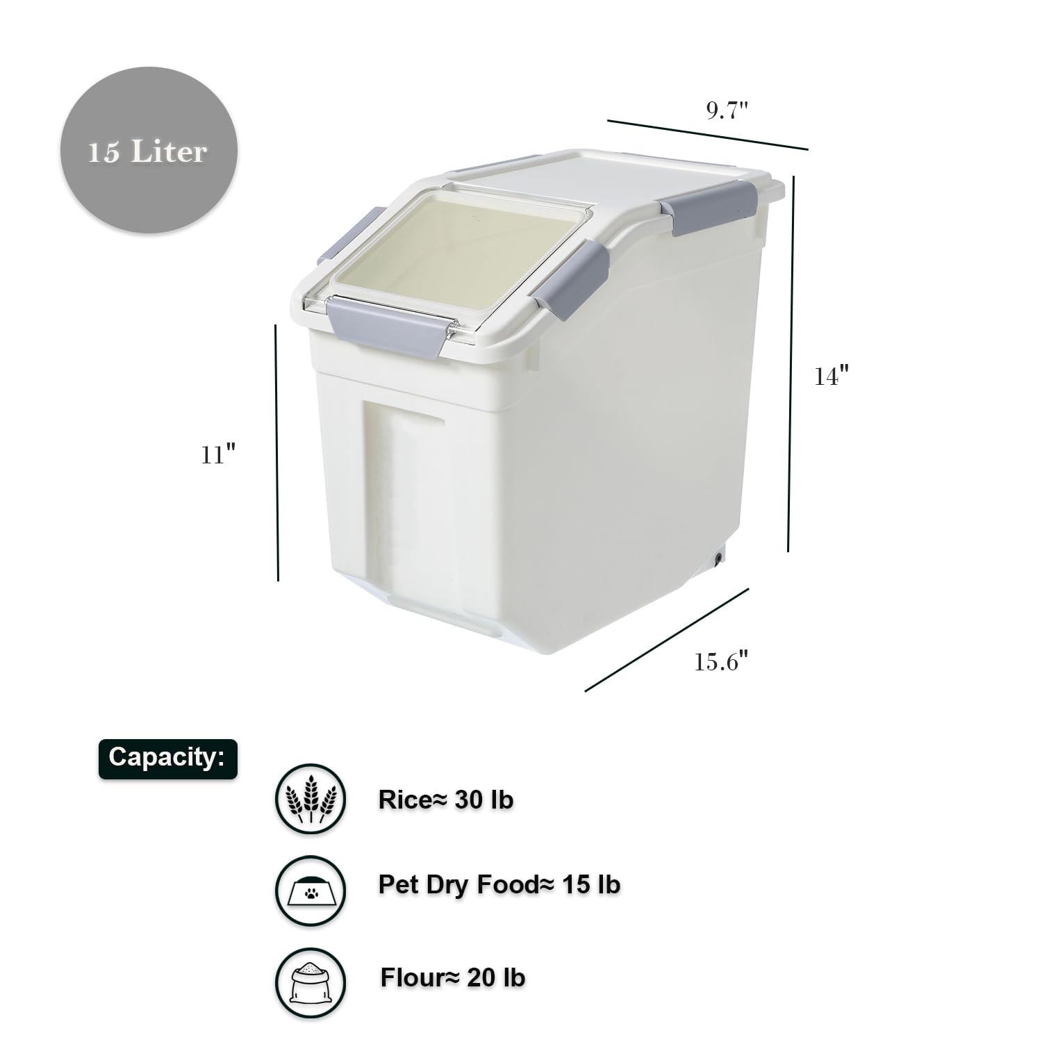 Hanamya 15 Liter / 30 Lbs Rice Storage Container With Measuring Cup, Bpa Free, For Rice | Grain | Pet Food | Flour, 2 Count, Whi