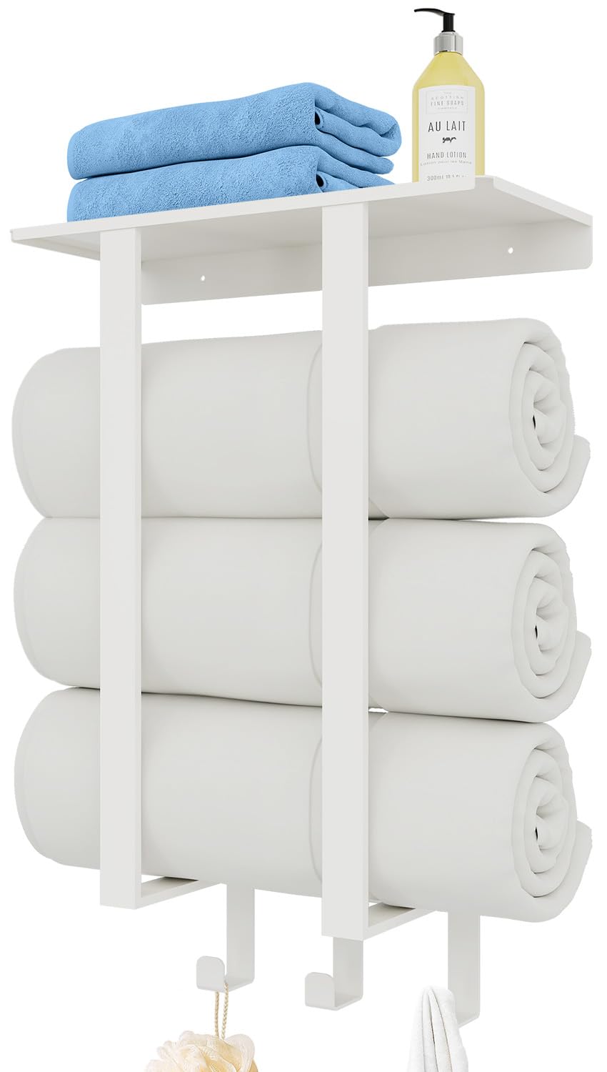 Bethom Towel Racks For Bathroom Wall Mounted, Bathroom Towel Rack With Shelf & 3 Hooks, Towel Storage Rack For Small Bathroom, W
