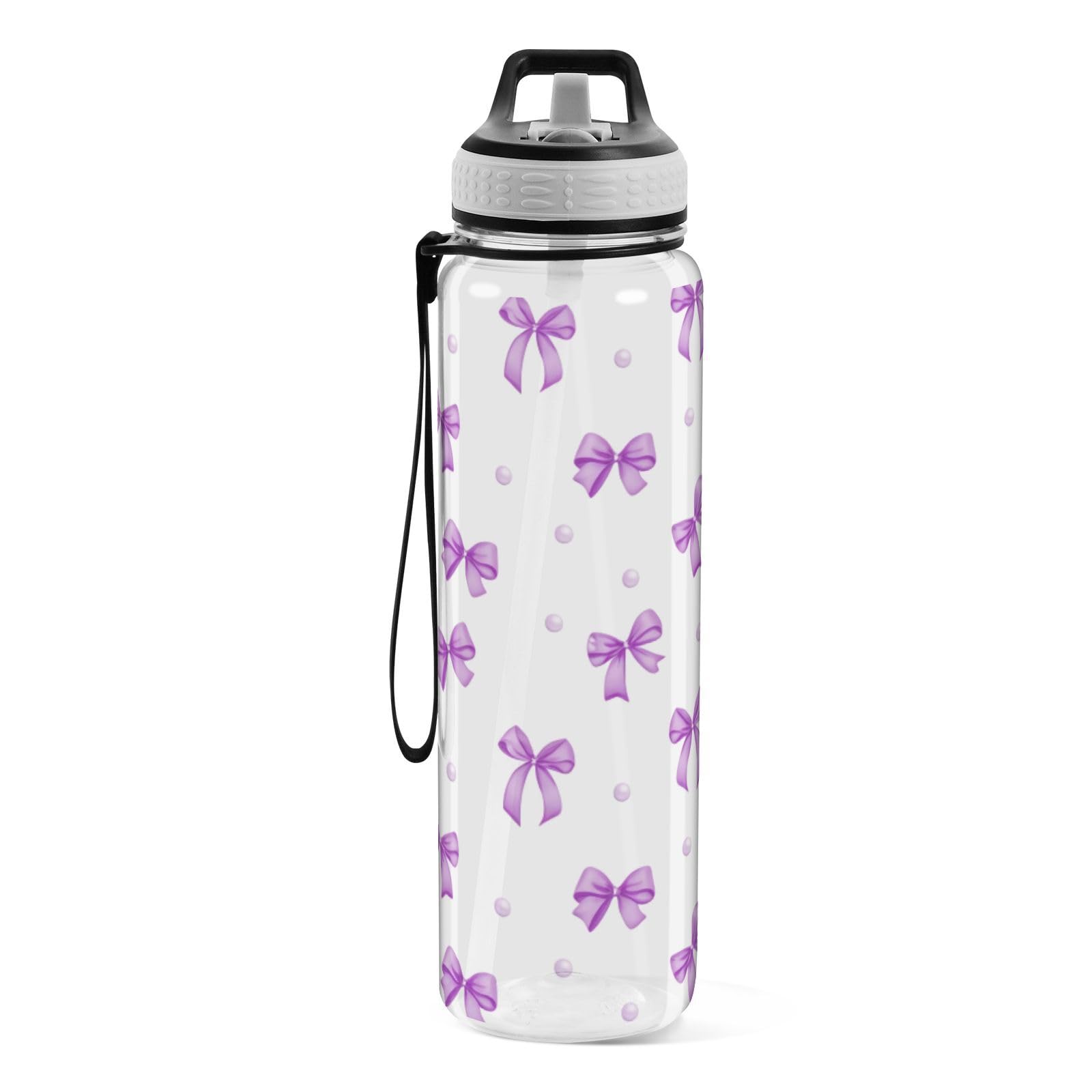 Eraedgza Purple Bow Clear Water Bottle 32 oz BPAFree Tritan Drinking Water Bottle with Straw and Strap for Sports Gym Hiking Sc