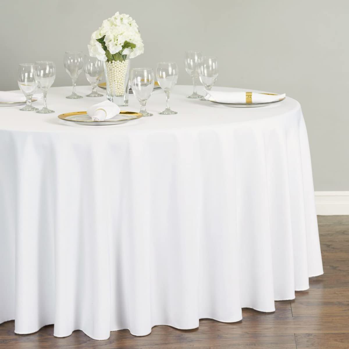 Sparkles Make It Special Leading Linens 10-pcs 120'' Inch Round Polyester Cloth Fabric Linen Tablecloth - Wedding Reception Restaurant Banquet Party - Machine Washable - White