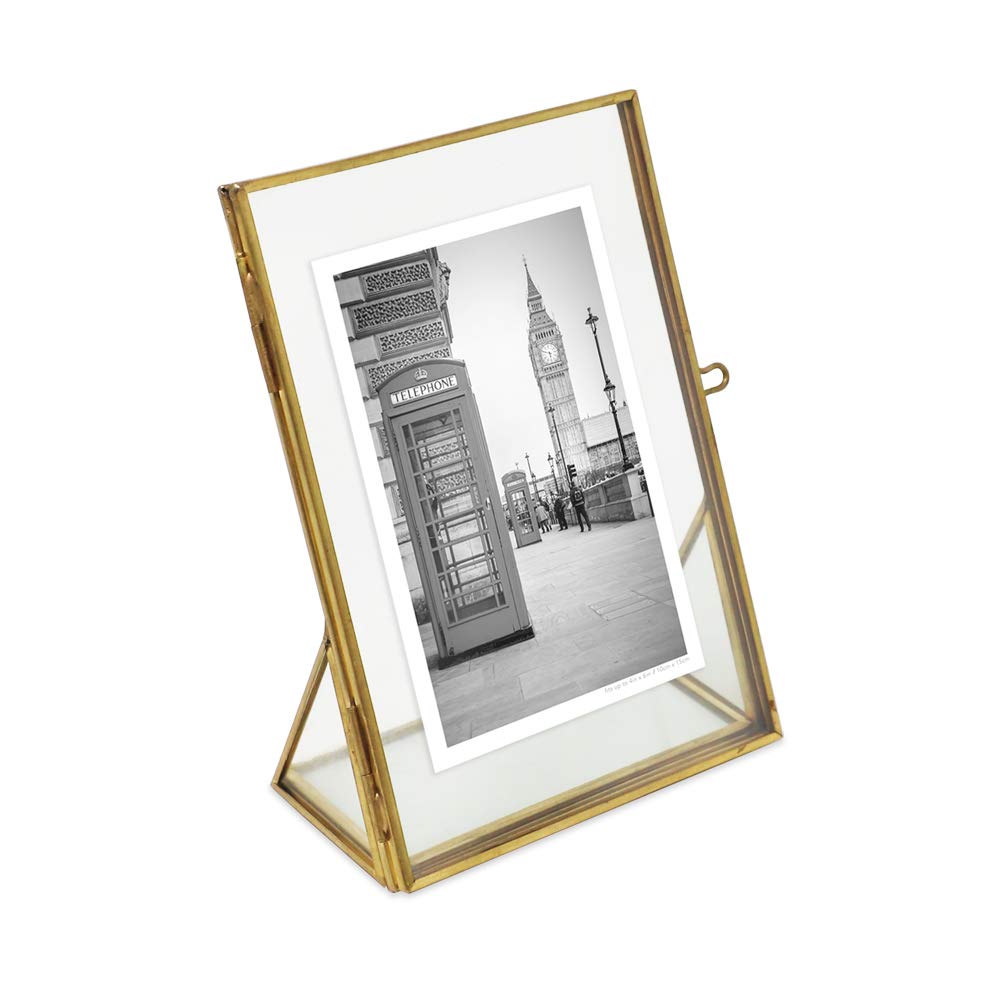 Isaac Jacobs 4x6, Antique Gold, Vintage Style Brass and Glass, Floating Photo Frame, Metal, (Vertical), with Locket Closure and 