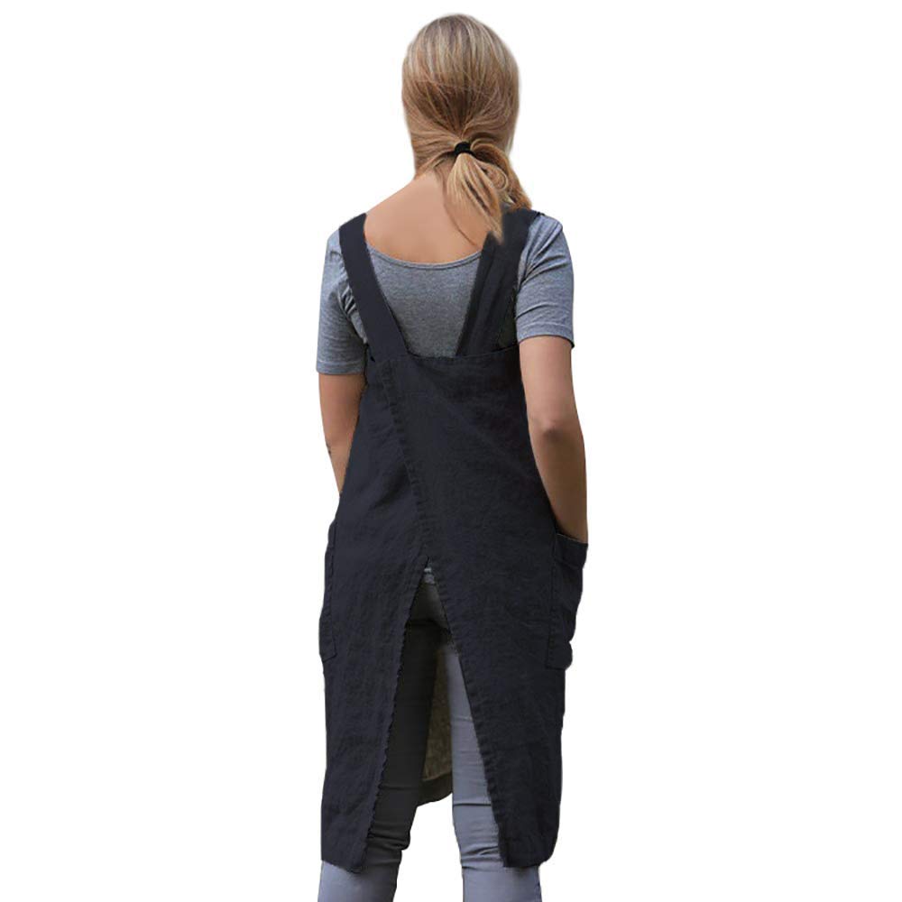 Womenas Pinafore Square Apron Baking Cooking Gardening Works Cross Back Cottonlinen Blend Dress With 2 Pockets