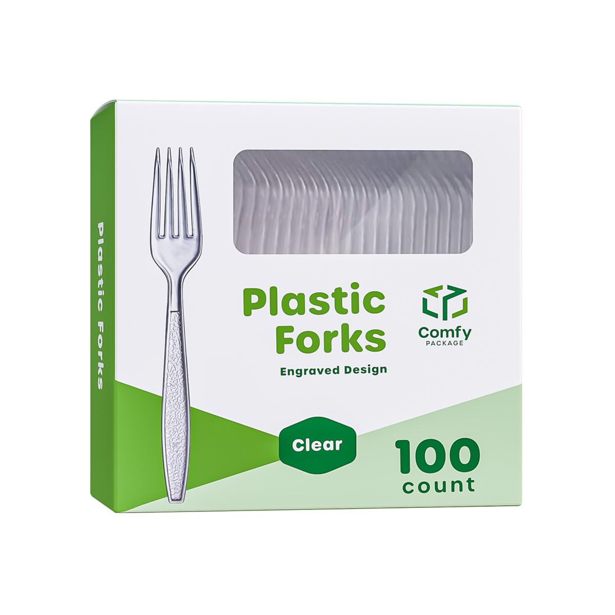 Comfy Package [100 Pack] Heavyweight Clear Plastic Forks With Engraved Design - Disposable Sturdy Plastic Utensils For Parties,