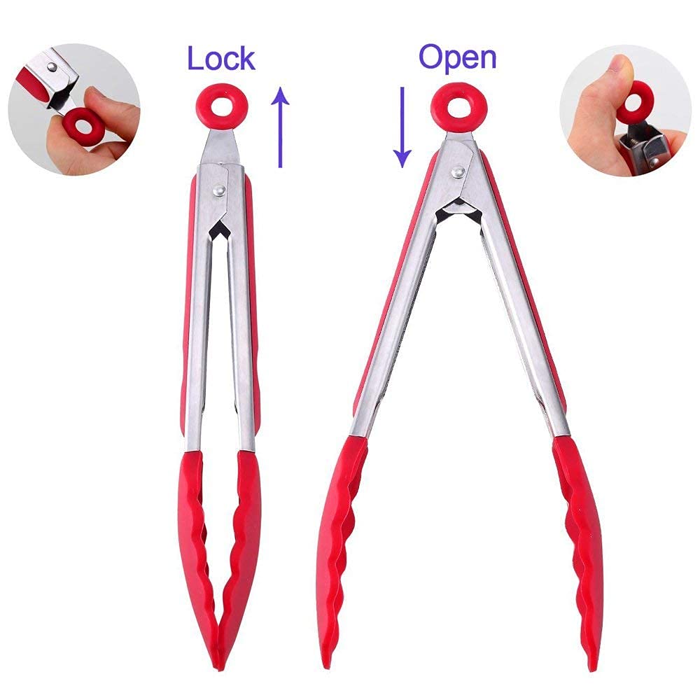 3 Pack Red Kitchen Tongs, Premium Silicone Bpa Free Non-Stick Stainless Steel Bbq Cooking Grilling Locking Food Tongs, 9-Inch 10