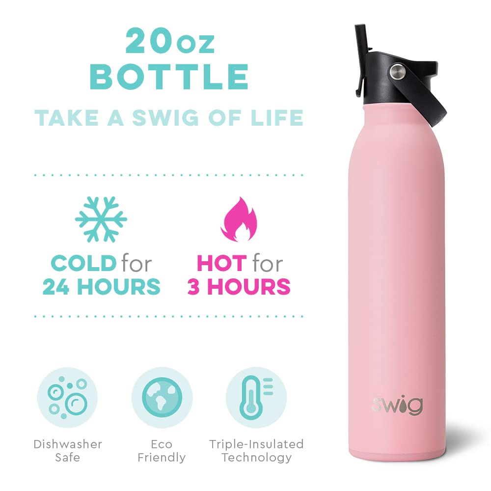Swig Life 20Oz Insulated Water Bottle, Travel Water Bottle With Straw And Lid, Cup Holder Friendly, Stainless Steel (Matte Blush