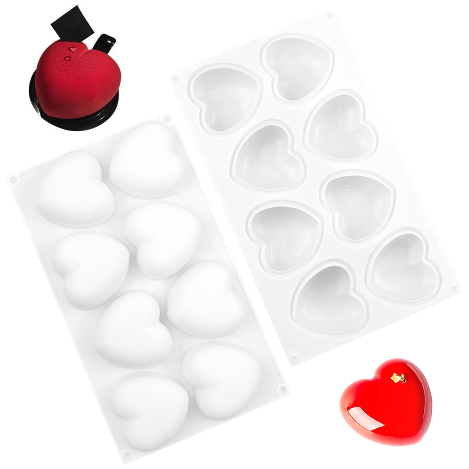 Arcemain 2 Pcs Heart Shaped Mold, Love Heart Cake Mould 3D Heart Shaped Mould 8 Cavities Heart Shaped Mold For Diy Chocolate Pas