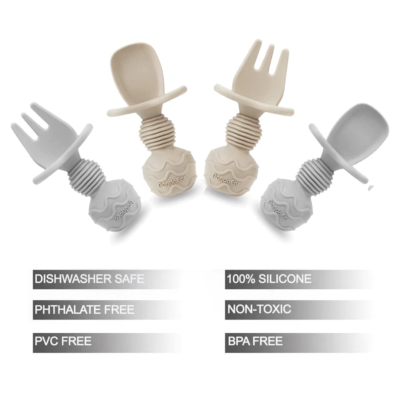 Pandaear (4 Pack) Silicone Baby Led Weaning Spoon Fork| First Training Self Feeding Utensils Set| Anti-Choke Silverware Eating S