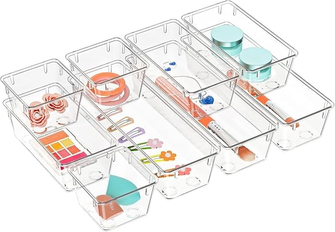 Kaito Desk Drawer Organiser Set, 9Piece Storage Bins, 4 Sizes, Plastic Tray Dividers For Bathroom, Kitchen, Storage Bins For Ma