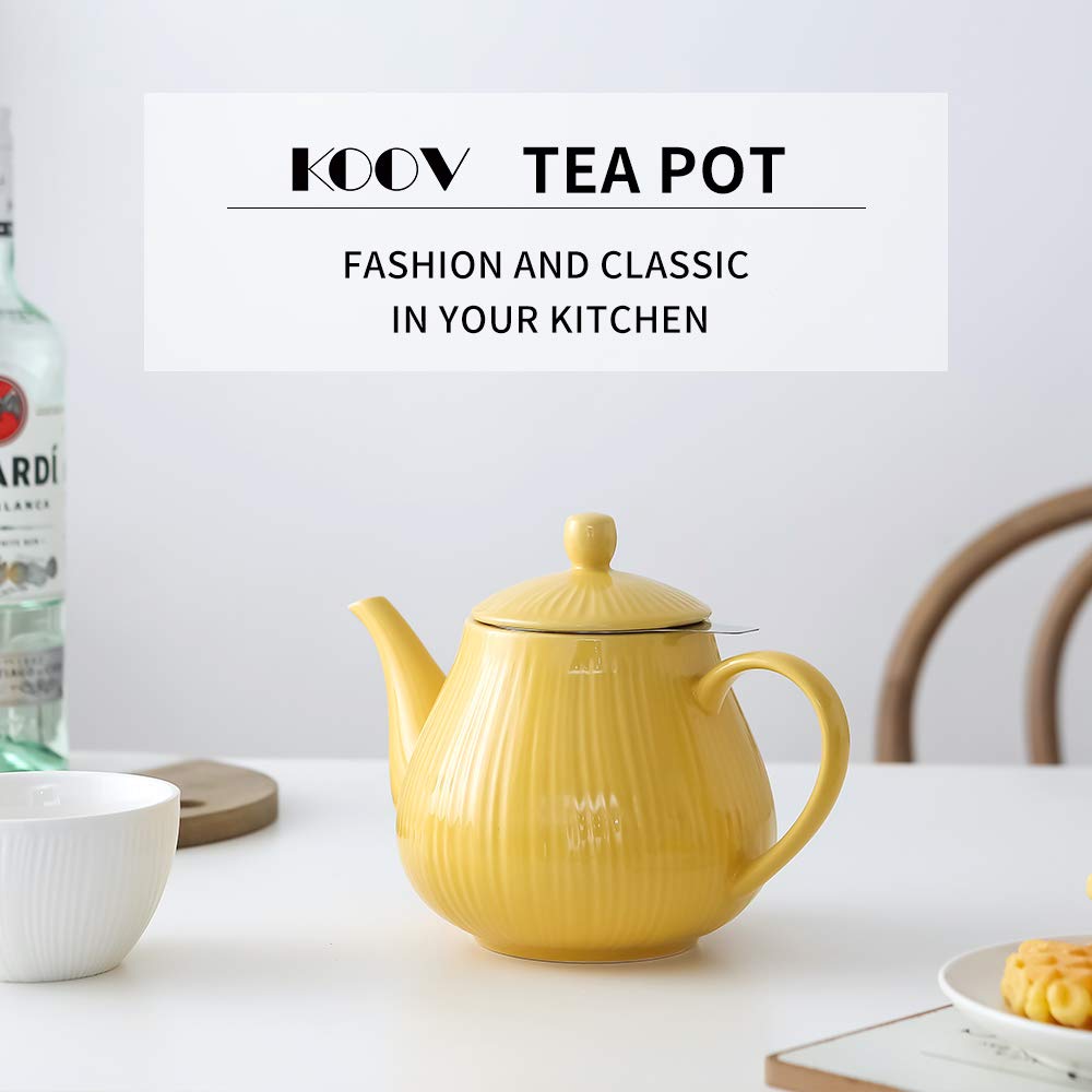 Koov Ceramic Teapot With Infuser, 40 Ounce Tea Pot With Infuser For Loose Tea, Large Enough For 6 Cups, Striped Series (Lemon)