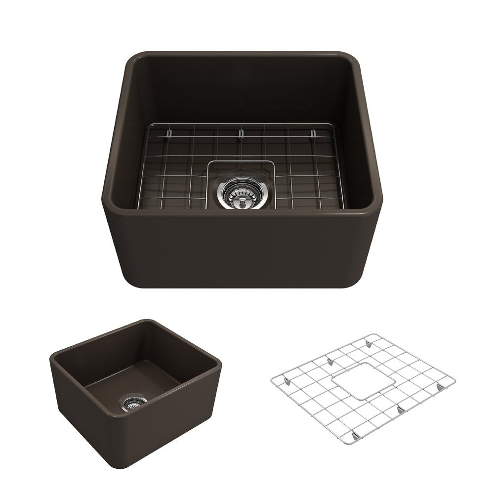 Bocchi Classico Farmhouse Apron Front Fireclay 20 In. Single Bowl Kitchen Sink With Protective Bottom Grid And Strainer In M. Br