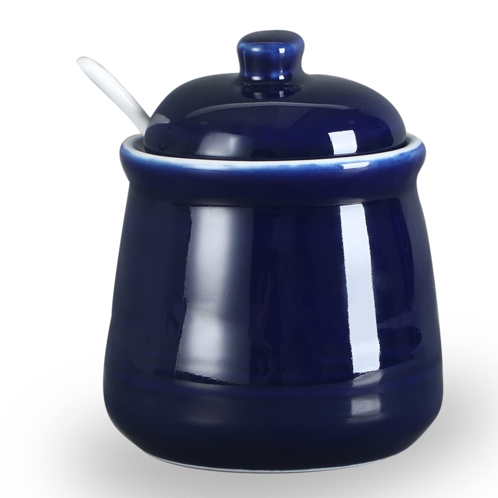 HAOTOP Porcelain Salt Bowl with Lid and Spoon,Ceramic Sugar Bowl 12oz (Navy)