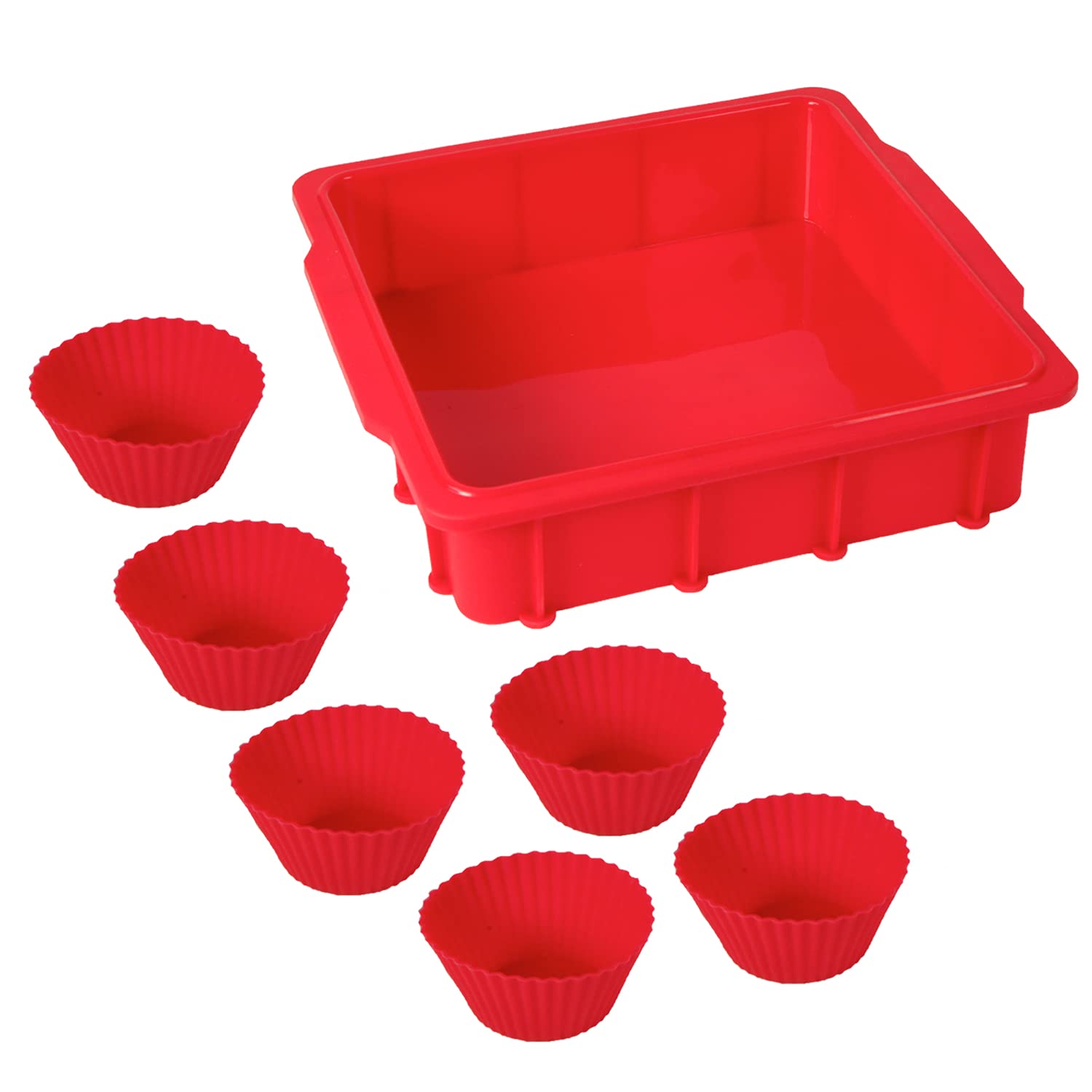Nuwave Silicone Baking Kit With 8X8-Inch Baking Pan & Reusable Cupcake Liners, Red, 7Pc