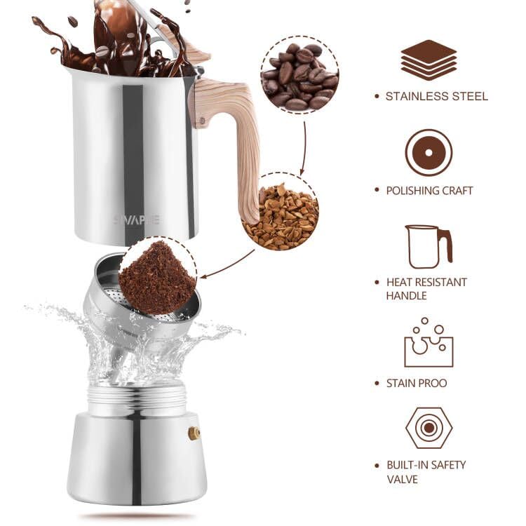 Sivaphe Stainless Steel Stovetop Espresso Coffee Maker, 6Cups Espresso Pot, 300Ml Moka Campaing Coffee Pot, Induction Italian Mo