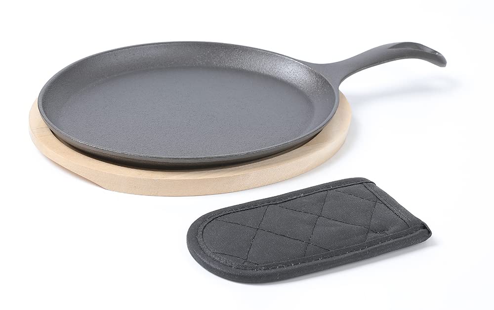 Hawok Cast Iron Fajita Plate Sizzler Pan Set With Wooden Tray And Handle Holder, Pre-Seasoned Cast Iron Skillet With Wooden Base