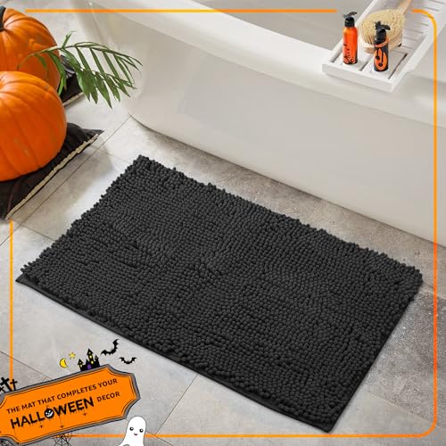 Luxurux Black Bathroom Rug Non-Slip Bathroom Rug Shag Shower Mat Machine-Washable Bath Mats With Water Absorbent Soft Microfiber