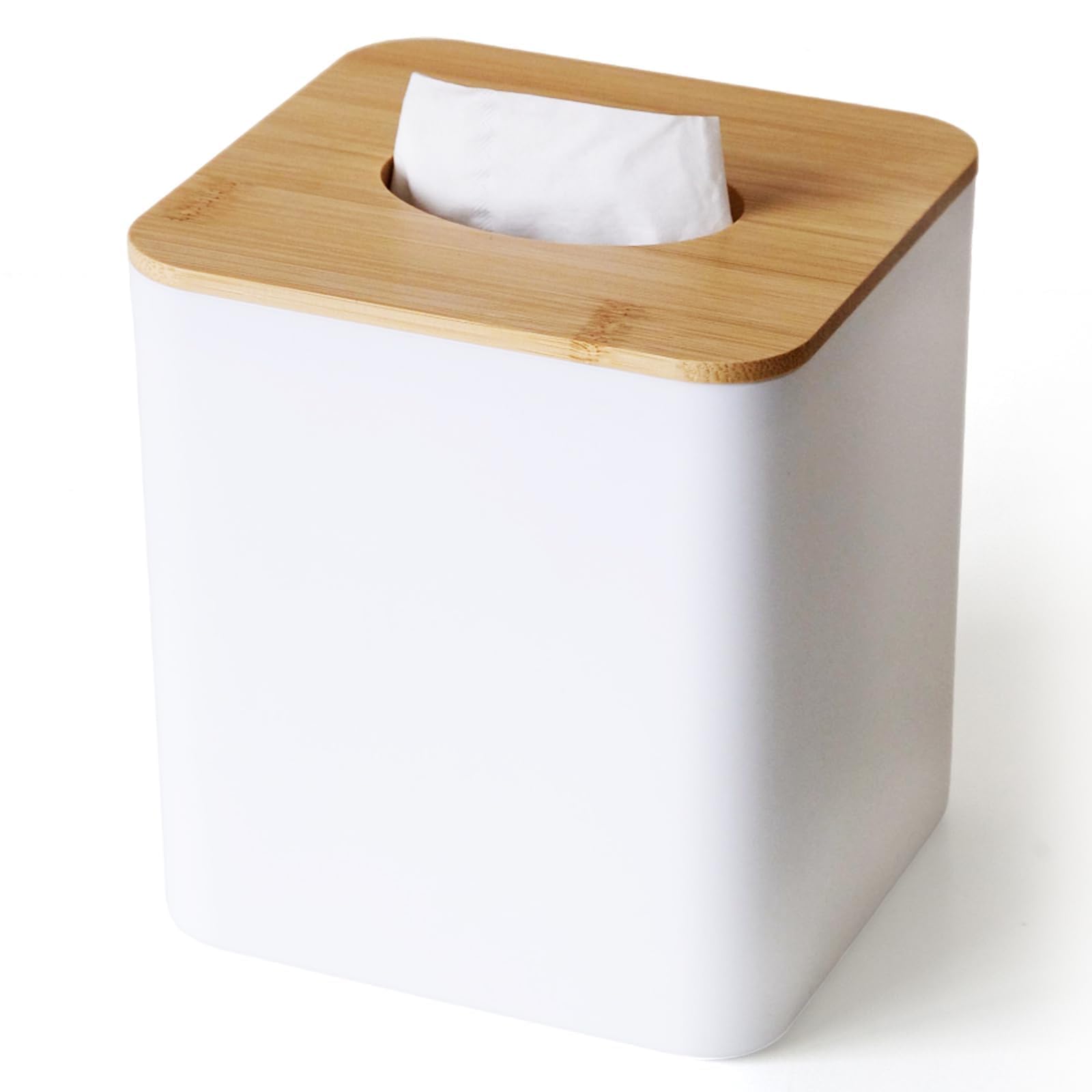 Tissue Box Cover Square, White Tissue Box Holder with Bamboo Cover Plate, Cube Tissue Box Cover for Desk Accessories, Tissue Hol