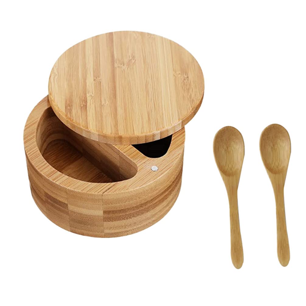 UPKOCH Bamboo Salt Box Wooden Spice Jars with Lid and Spoon Condiment Pot Seasoning Box Salt and Pepper Jar Container for Sugar 
