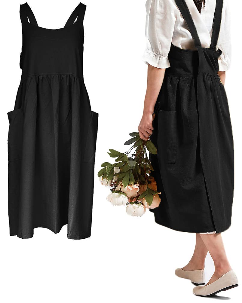 Women Girls Vintage Cute Apron Gardening Works Cross Back Cotton/Linen Blend Aprons Pinafore Dress With Two Pockets (Black)