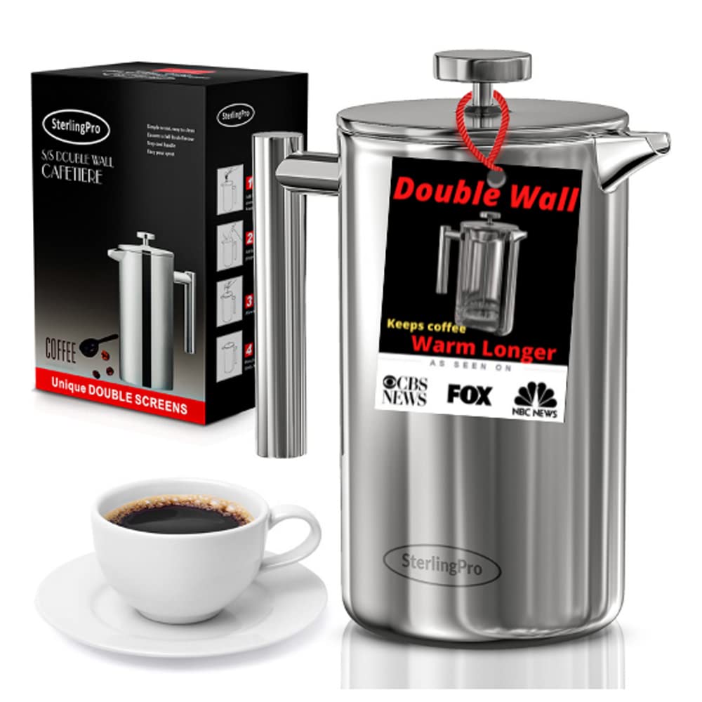 SterlingPro French Press Coffee Maker (1L)-Double Walled Large Coffee Press with 2 Free Filters-Enjoy Granule-Free Coffee Guaran