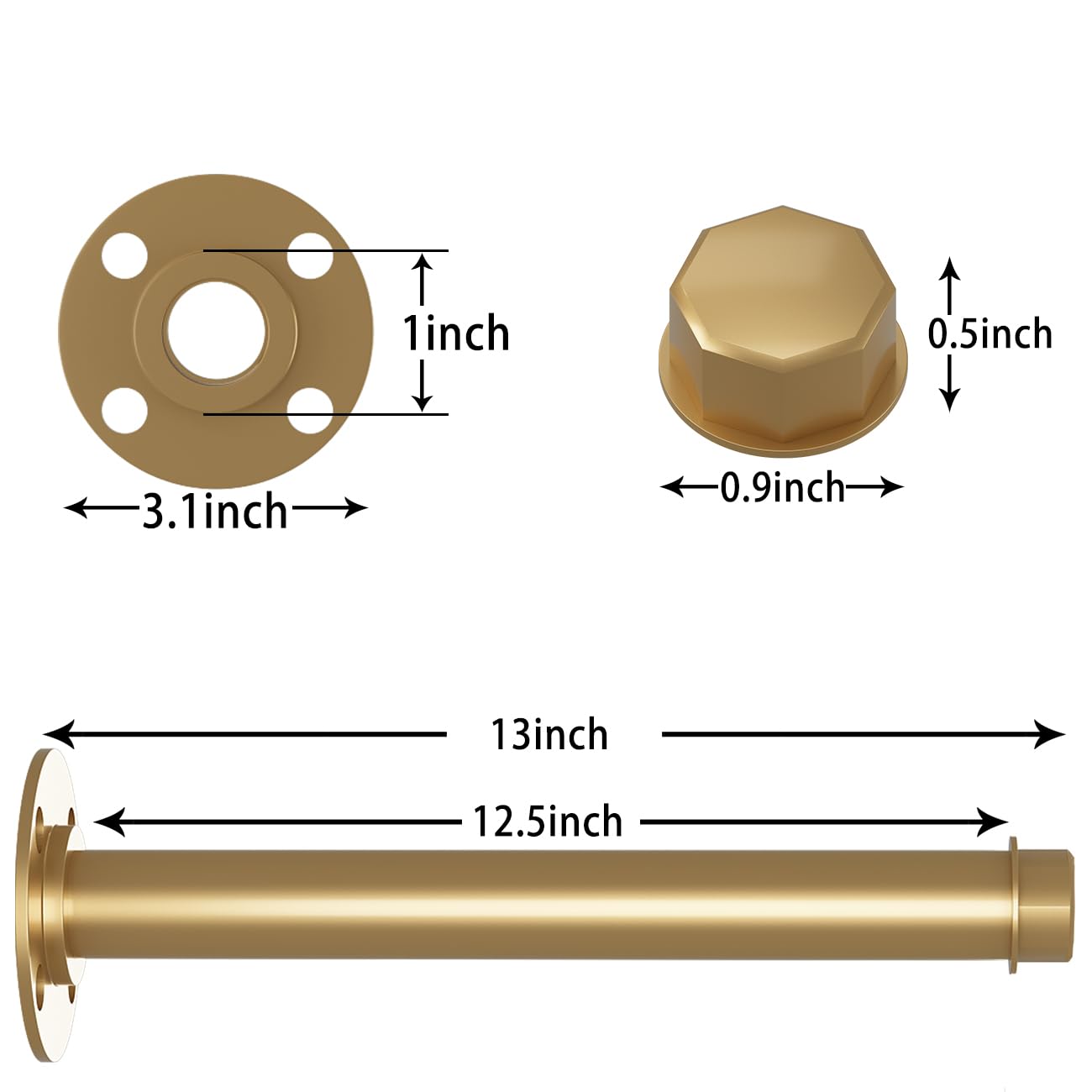 4 Pcs Industrial Pipe Clothes Bars 12 Inch, Industrial Pipe Clothing Racks, Gold Closet Rods For Hanging Clothes, Gold Clothing