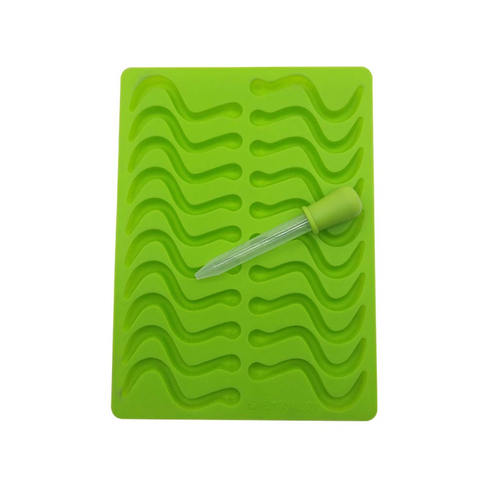 Chyir Candy Silicone Molds & Ice Cube Trays,2 Pack Gummy Worm Molds 20 Cavities With Bonus Dropper (Red, Green)