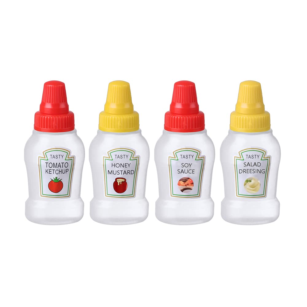 HYMAOME 4pcs Mini Condiment Squeeze Bottle Ketchup/Soy Sauce/Honey/Salad Dressing Container Portable Reusable Lunchbox Dispenser