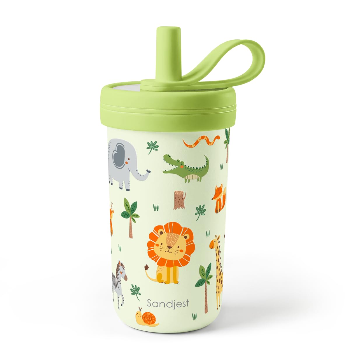 SANDJEST Kids Stainless Steel Tumbler with Silicone Straw 14oz, Jungle Animal Insulated Drinking Cup for Children, Boys, Girls f