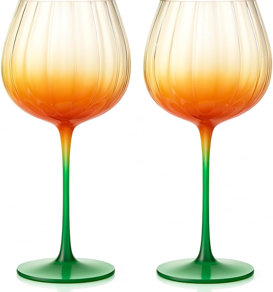 Khen Pumpkin Wine Glasses Fall Inspired Lightweight - Set of 2 Orange & Green