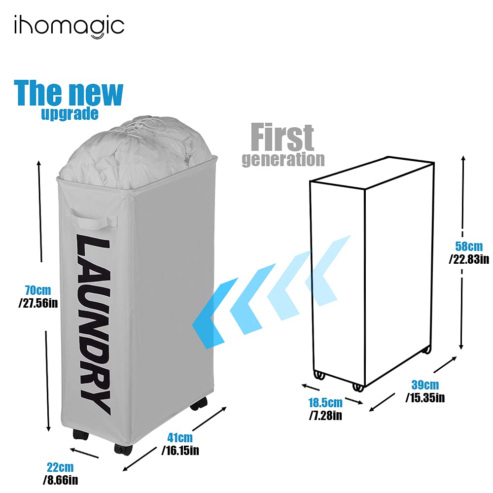 Ihomagic 62L Laundry Baskets Wheels, Tall Thin Laundry Hamper With Removable Mesh Laundry Bags - Foldable Dirty Clothes Bag Hand