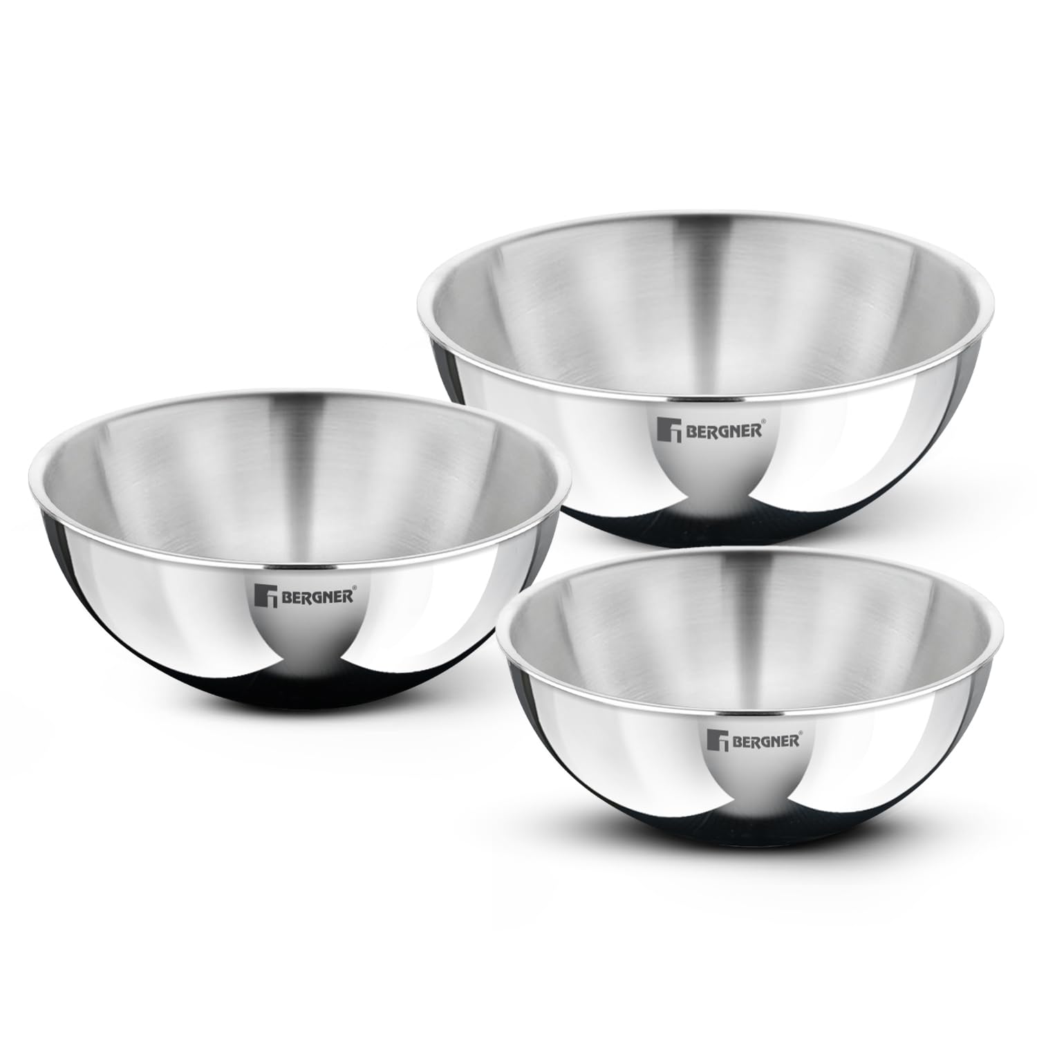 Bergner Argent Triply Stainless Steel 3 Pcs Tasra Set - 16Cm (900Ml), 18Cm (1L) And 22Cm (2.25L), Consumes Less Oil, Healthy Coo