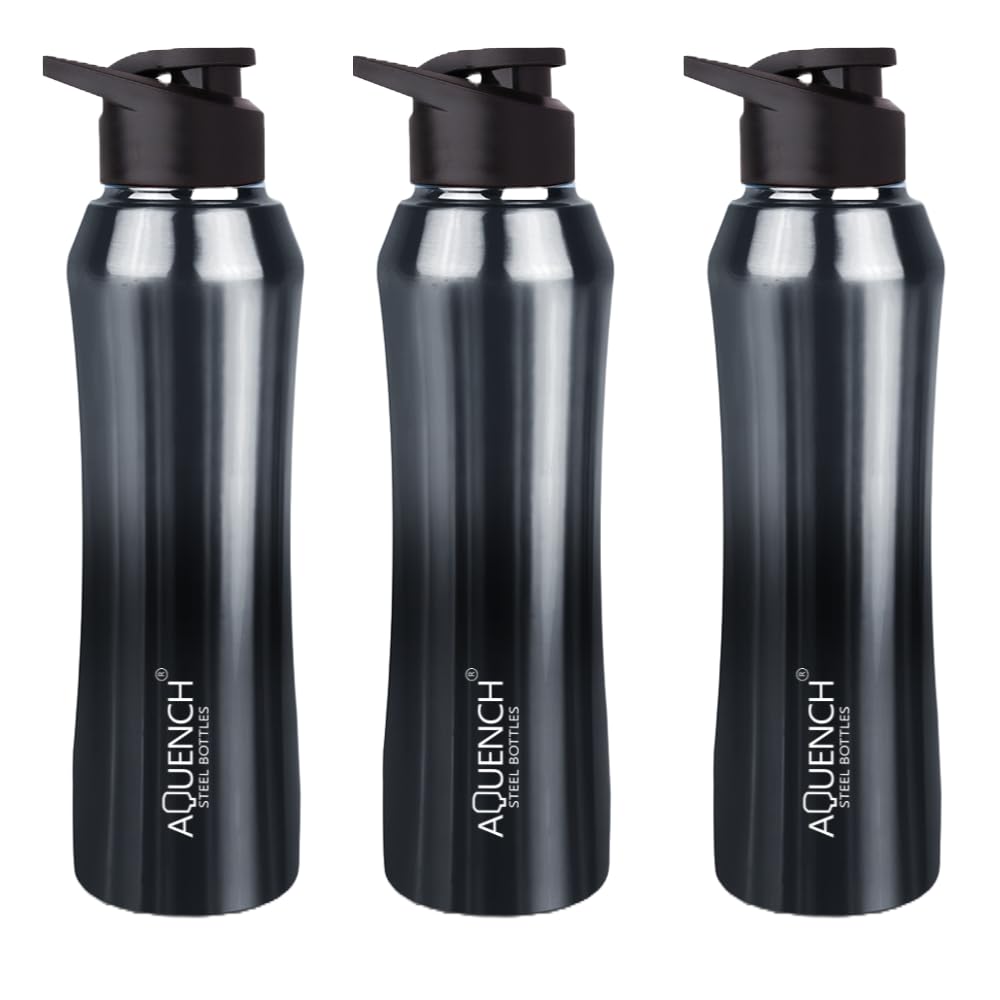 Aquench Stainless Steel Water Bottle, 1 Litre Capacity, Turquoise Gradient, Leak-Proof Sipper Cap (Pack Of 6, Black Grey)