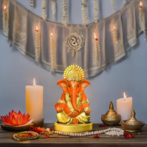 Signamio Handcrafted Orange Ganesha Idol For Car Dashboard Item: Ganesh Ji, Ganpati Bappa Murti For Home Decor - Exquisite Car G