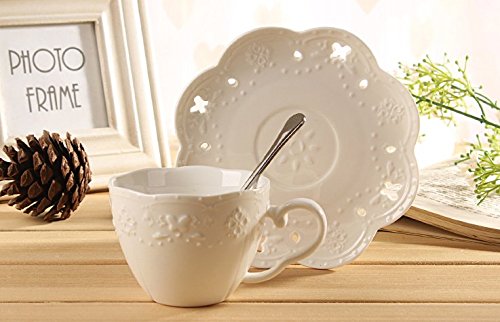 Jusalphaa White Porcelain 5Oz- Tea Cup And Saucer Coffee Cup Set With Saucer And Spoon, Set Of 6 (6 Tea Cup Set With Bracket)
